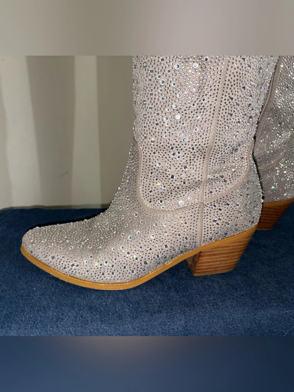 Silver Rhinestone Over-the-Knee Cowboy Boots Sparkly Western Tall Boots Size 8